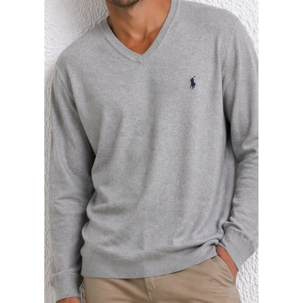 POLO RALPH LAUREN Pima Cotton Gray V-Neck Men's Pullover Sweater Size‎ M